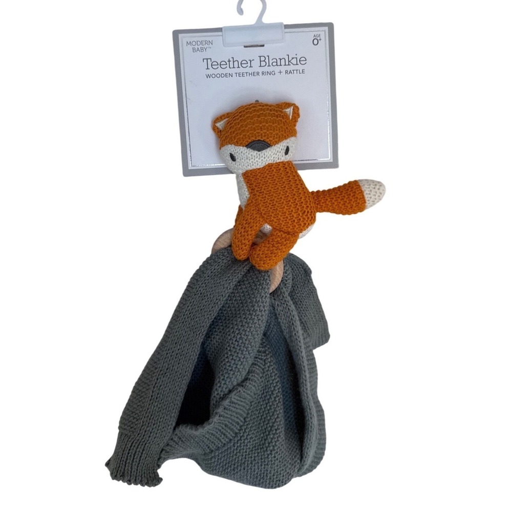 NWT Modern Baby‎ Fox Lovey Plush Knit Security's Blanket Wooden Ring Grey Orange